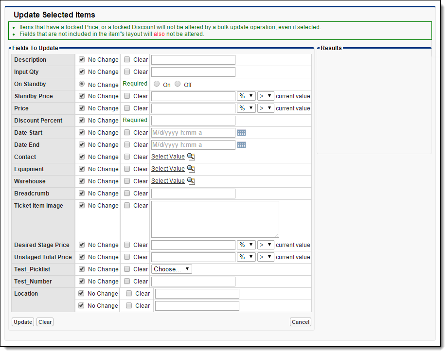 Update Selected Items panel from FieldFX Back Office