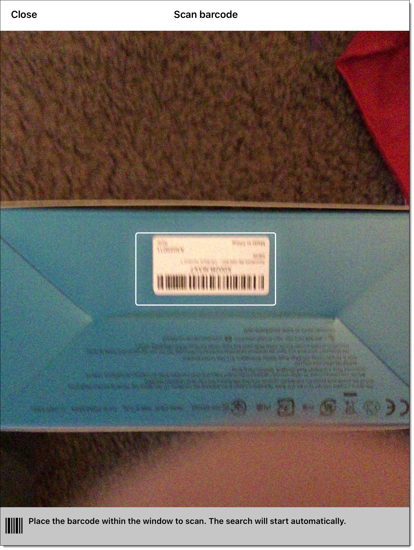 Example of the barcode scanner using the camera with a box on screen for the barcode