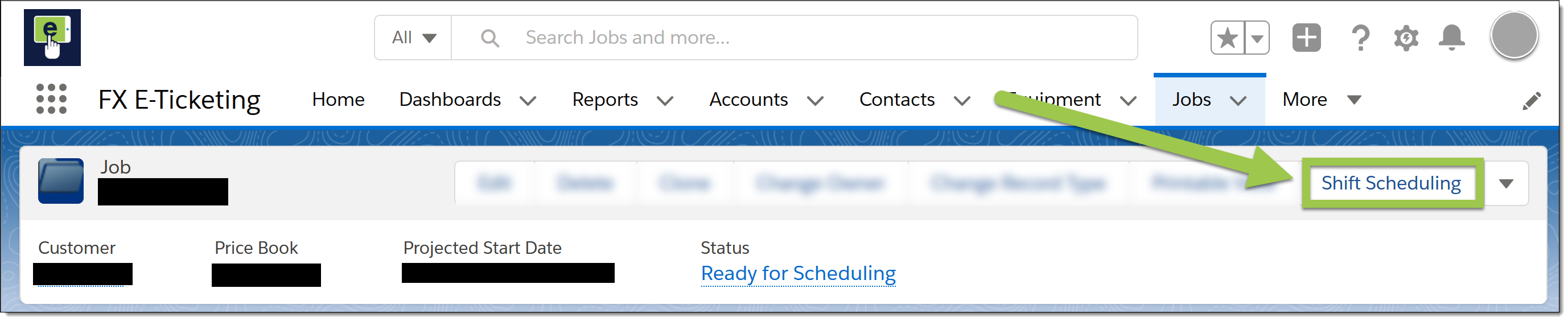 Highlighting the Shift Scheduling action button on the S&D screen