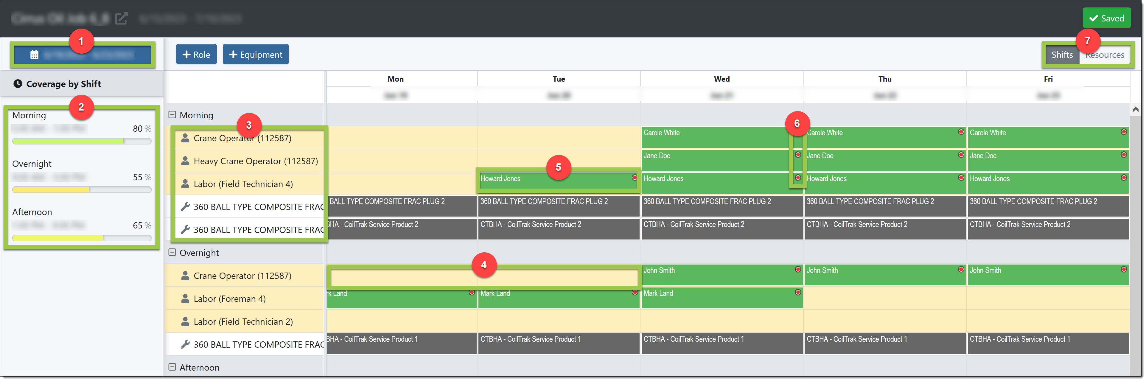 Shift Scheduling calendar with numbered pointers