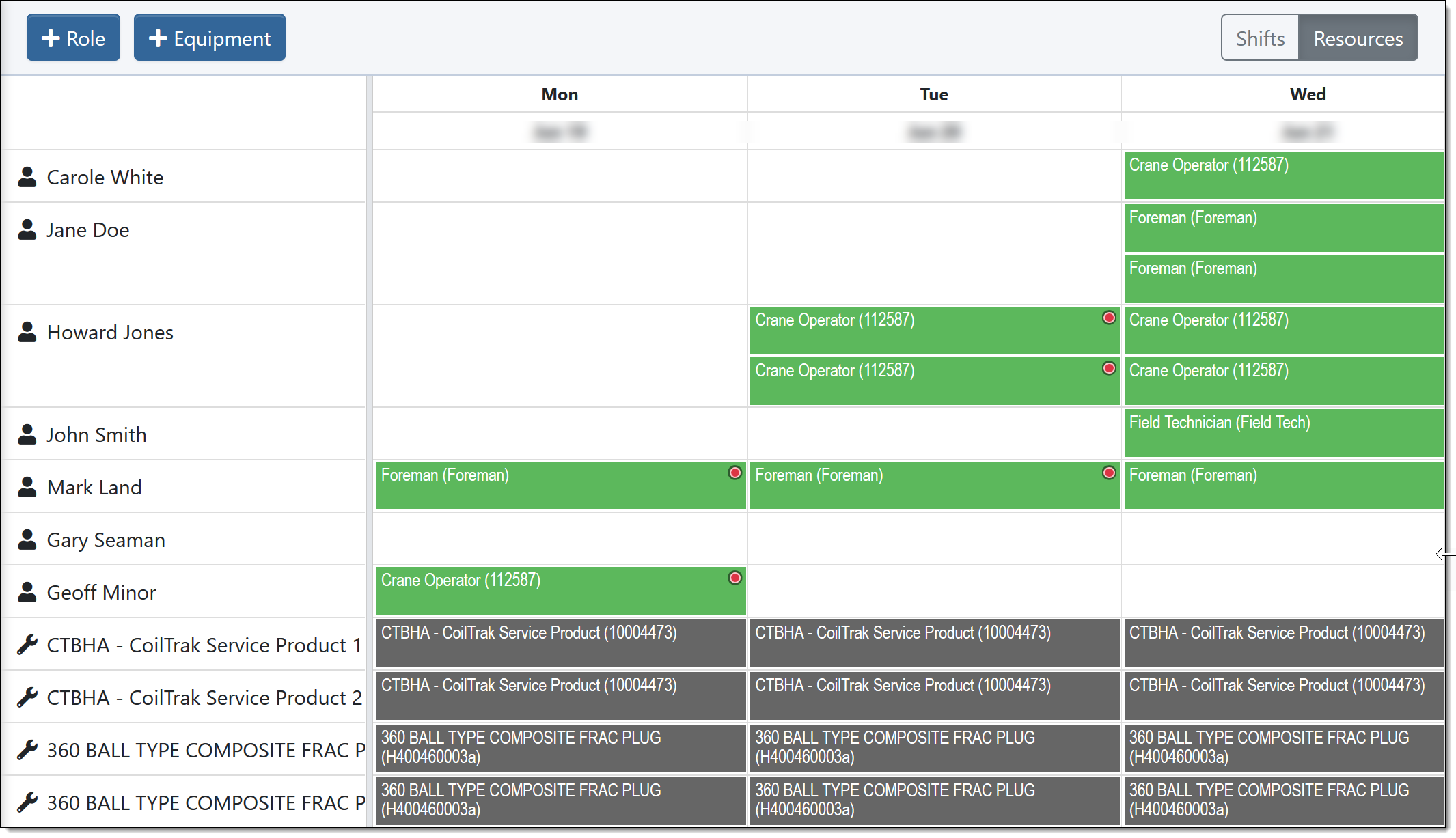 Example of the Shift Scheduling screen in calendar resources view