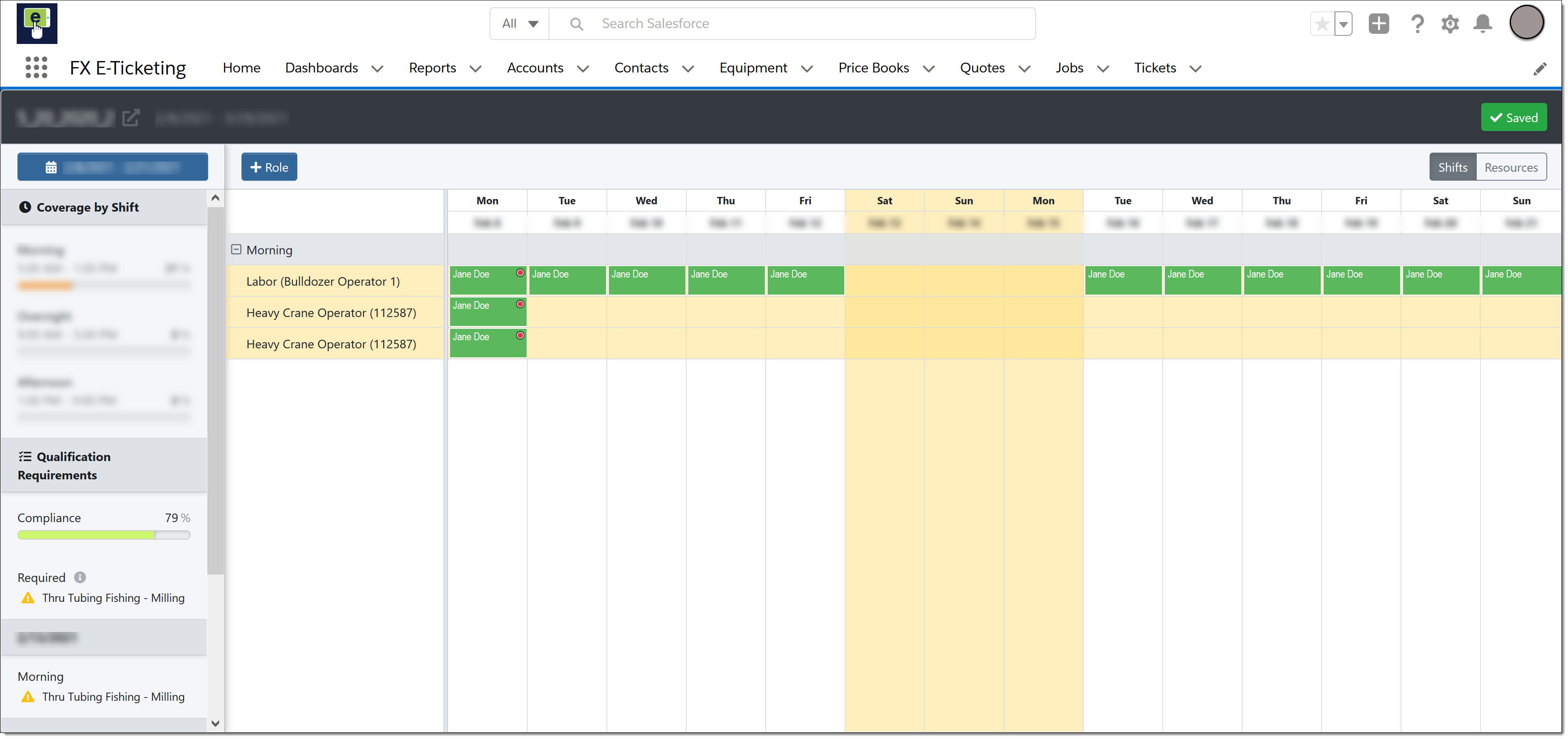 Example of the Shift Scheduling screen